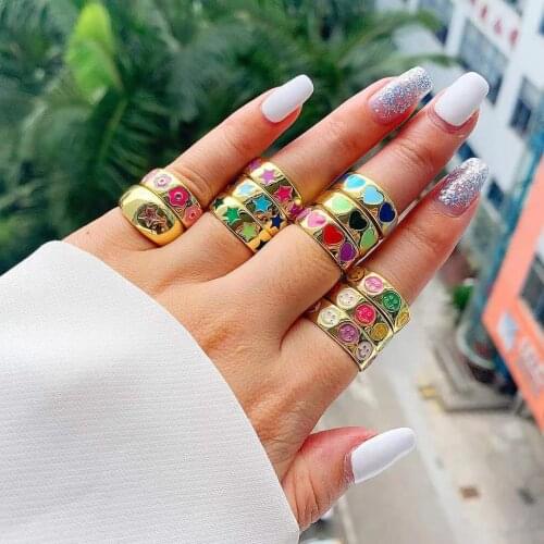 Colorful Enamel Heart Smiling Face Ring For Women Stainless Steel Gold Adorable Flower Star Smile Rings Party Wedding Jewelry