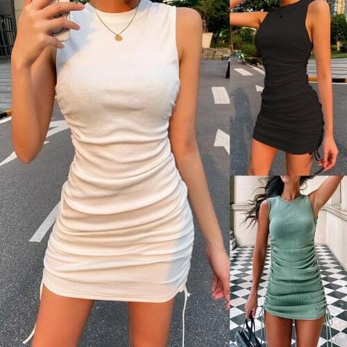 Women Summer Sexy Solid Color Drawstring Sleeveless Bodycon Slims Fit Party Dress