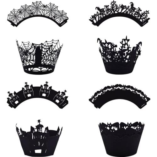 12pcs Black Hollow Cupcake Wrapper Halloween Decoration Laser Cut Cake Border Halloween Festival Party Handmade Cake Decor