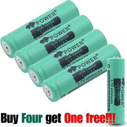 5pcs (Buy 4 Get 1 Free) 18650 Battery Li-ion 4500mAh 3.7V ICR Rechargeable For Flashlight Laser Pointer Headlamp Game Console