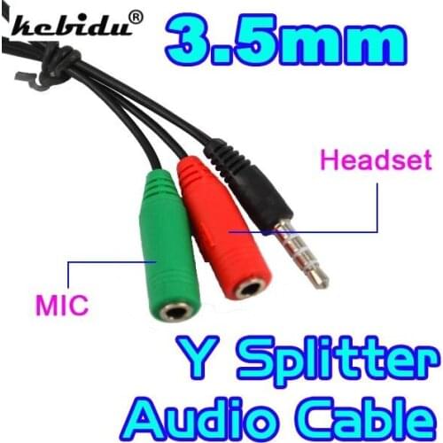 Kebidu Converter Adapter 3.5mm Jack 1 to 2 Audio + Mic Earphone Headphone Extension Cable Y Splitter for PC Laptop MP3