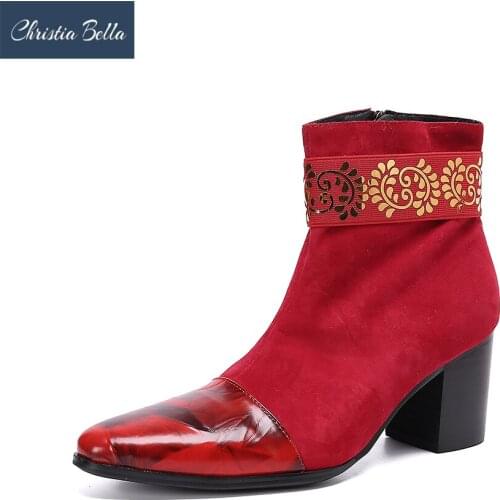 Christia Bella Fashion Red Suede Leather Men Party Boots Increase Height Mid Heel Man Ankle Boots Plus Size Formal Short Boots