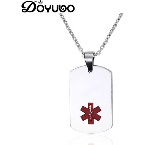 DOYUBO Trendy Stainless Steel Square Pendant Necklace With Red Medical Signs For Men And Women Punk Charms Chains Jewelry DC005