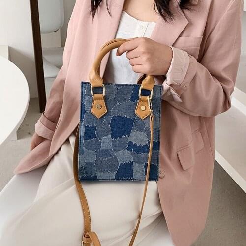 Denim portable small square bag trendy simple shoulder diagonal bag womens fashion shopping handbag Designed buckle canvas totes