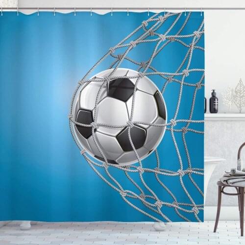 Soccer Shower Curtain Goal Football in Net Entertainment Playing for Winning Active Lifestyle Bathroom Decor Set with Hooks 70"