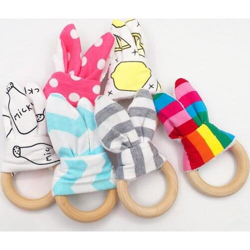 Cute Baby Girls Boys Bunny Ear Teether Kid Safe Natural Wooden Ring teether Bracelet Toddle Teething Chew Shower Gift Baby Care