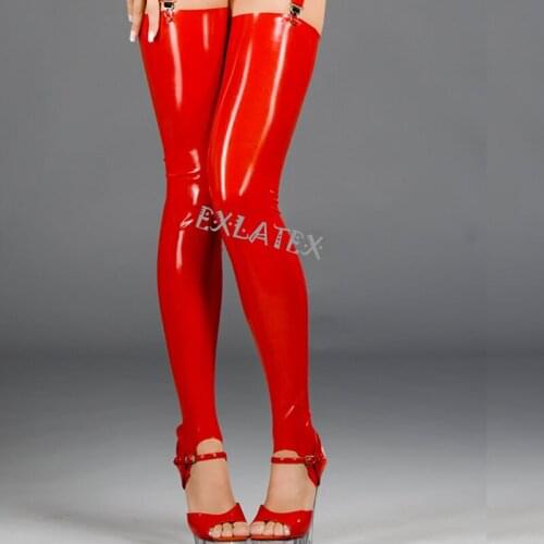 Latex Stockings Thin Sexy Stockings Tights Red Latex Rubber Thigh High Long Stirrup Stockings Womens Erotic Stockings
