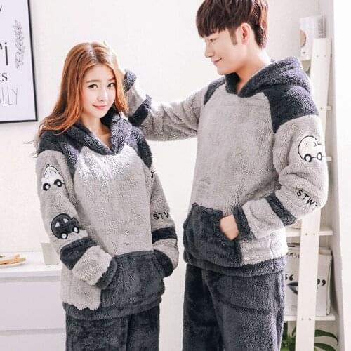 Couple Cute Cartoon Hooded Thick Warm Flannel Pajama Set for Men Winter Long Sleeve Coral Velvet Sleepwear Pyjama Women Homewear