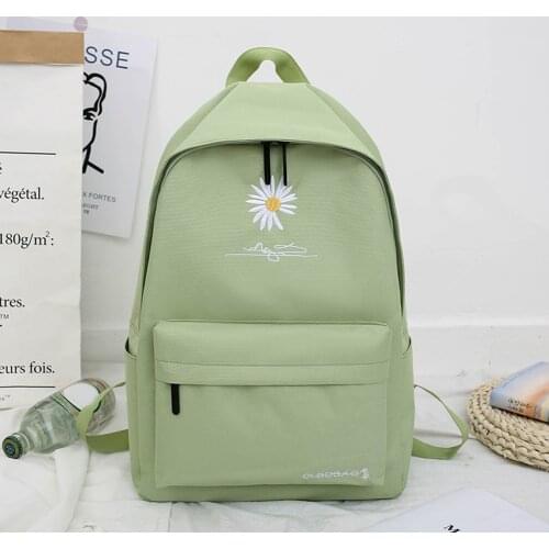 Women Casual Canvas Backpack Green with Daisy Embroidery Shoulder Bag Fashion Large Capacity Street Travel College School Bags