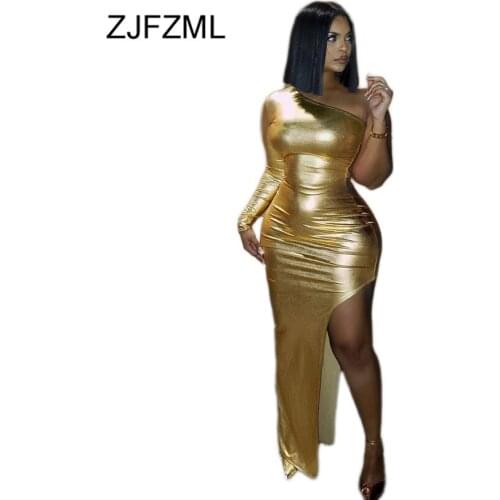 Sexy Bronzing Side Split Club Dresses Women One Shoulder Skinny Maxi Party Dress Elegant Ladies Open Back Bodycon Wrap Dress