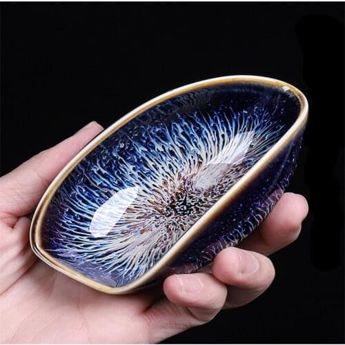 Traditional Chinese Fancy Deep Blue Chrysanthemum Ceramic Tea Spoon Handmade Painted Special Kung Fu Tea Leaves Container