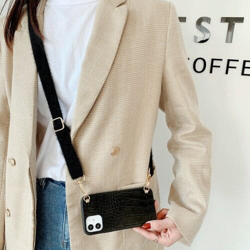 Versatile Leather Strap Crocodile PU Case For iPhone 12 11 Pro Max Mini XR XS X 7 8 Plus SE 2020 Slim Long Furry Lanyard Cover