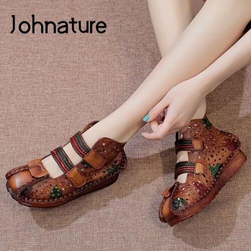 Johnature Retro Women Sandals Hand-painted Genuine Leather Women Shoes 2021 New Summer Hook & Loop Sewing Casual Ladies Sandals