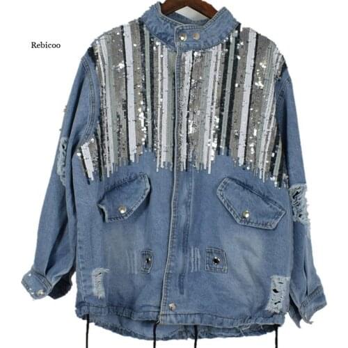 Women Luxury Sequin Stripe Jackets Medium Long Denim Coat Autumn New Female Fashion Jackets Coats Casual Outwear