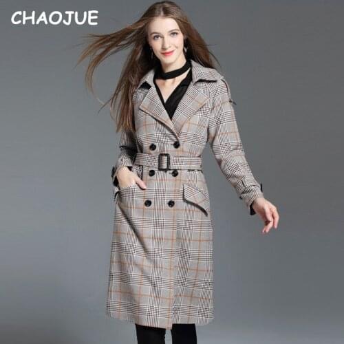CHAOJUE Long Length Plaid Trench For Women 2018 Autumn/Winter Loose Causal Outwear Office Lady 4XL Overcoat Free Shipping