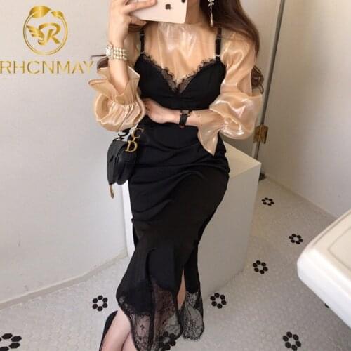 Korean Chic WomenS Two-Piece Set 2020 Autumn Round Neck Luster Chiffon Lantern Sleeve Shirt + Lace Edge Stitching Sling Dress