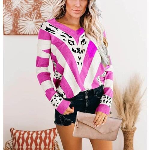 Autumn New Arrival Casual V-Neck Stitching Leopard Print Knit Sweater Ladies Fashion Splice Long Sleeve Loose Pullover Sweaters