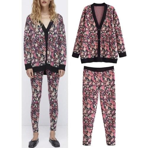 ZA early autumn new womens floral jacquard knitted cardigan jacket floral jacquard knitted high-waist leggings