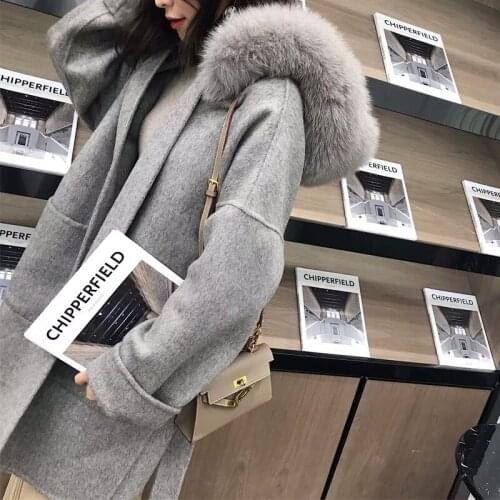Women Long cashmere Coat Slim Belt Womens Jacket Pockets Fur Collar Jacket