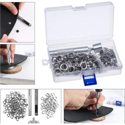 100Sets Eyelet Grommet Kit w/ Install Tool Kit Storage Box for Fabric Tarpaulins Leather Canvas Curtain Clothing