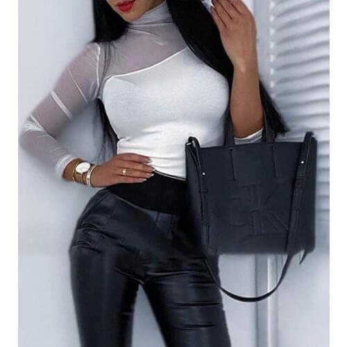 BKLD Solid Color Trendy Casual Ladies High Neck T Shirt Long Sleeve Mesh Stitching Skinny Womens Sexy Top 2020 Spring Hot Style