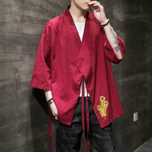 Large Size Red Cotton Linen Chinese Kimono Mens Tunic Feather Embroidery Hanfu Vintage Oriental Costume Mens Flax Clothing Hemp