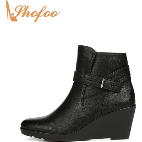 Black Ankle Boots High Wedge Heels Round Toe Booties Woman Large Size 14 15 Ladies Winter Fashion Strap Mature Sexy Shoes Shofoo