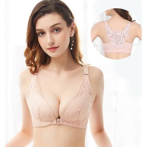 Top female Front button plus size bra with rose back Lace sexy underwear women Gather push up bra plus size women 120D