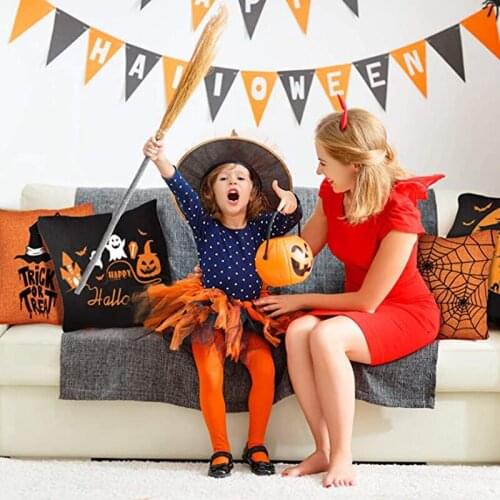 Halloween Series Cushion Cover Orange Black Pillow Cases Cartoon Pumpkin Happy Halloween Printing Pillow Cases