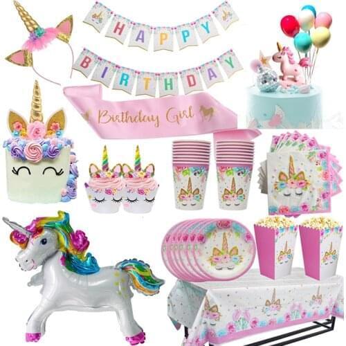 CYUAN Unicorn Party Tableware Set Unicorni Tablecloth Paper Cups Napkins Banner Cake Topper Wedding Baby Shower Decorations