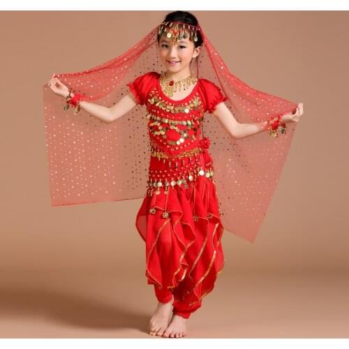 Kids Girls Belly Dance Costume Coin Tassel Top Harem Pant Hip Scarf Veil Set