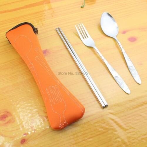 By dhl 100set 4pcs/set Creative Chinese Stainless Steel Tableware Set Portable Travel Picnic Dinnerware Set Kids School Gifts