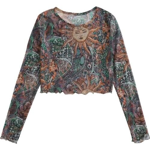 T-shirts Womens Fashion Sun Moon Printed Sheer Mesh Short Sleeve T-shirt Round Neck Top T-shirts For Women Stylish Manga Corta