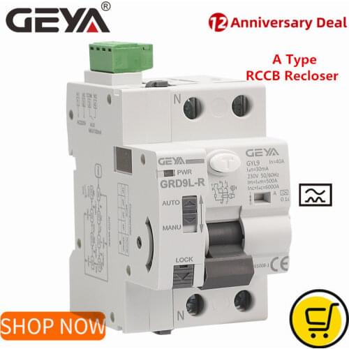 GEYA GRD9L-R Auto Recloser with A Type RCCB RCD ELCB 40A 63A 30mA 100mA 300mA Safety Breaker