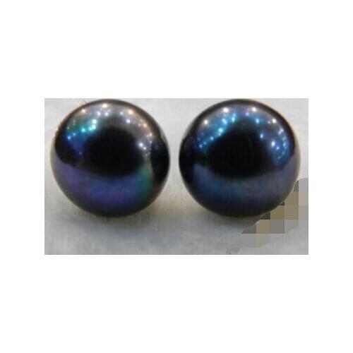 Hot sell new - Natural Black 9mm Pearl Sterling Silver Stud Earrings AAA