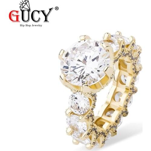 GUCY 1 Row Round Mens Ring Copper Charm Gold Silver Color Cubic Zircon Iced Ring Fashion Hip Hop Jewelry for Gift