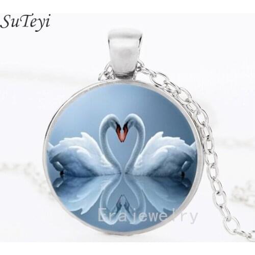 Graceful Swan Statement Necklace Love Couple Swans Picture Glass Cabochon Pendant Necklaces For Women Handmade Jewelry