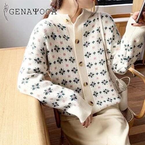 Genayooa 2020 Autumn Winter Knit Female Cardigan Streetwear Sweater Women Coat Print O Neck Knitted Ladies Cardigans Jacket