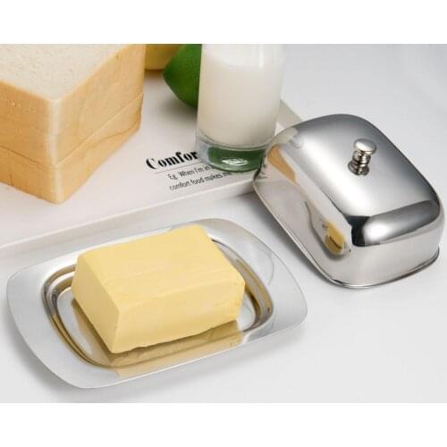 Kitchen Stainless Steel Butter Dish Box Container Cheese Bread Storage Butter Tray with Hold Lid Fruit Salad Cheese Dish
