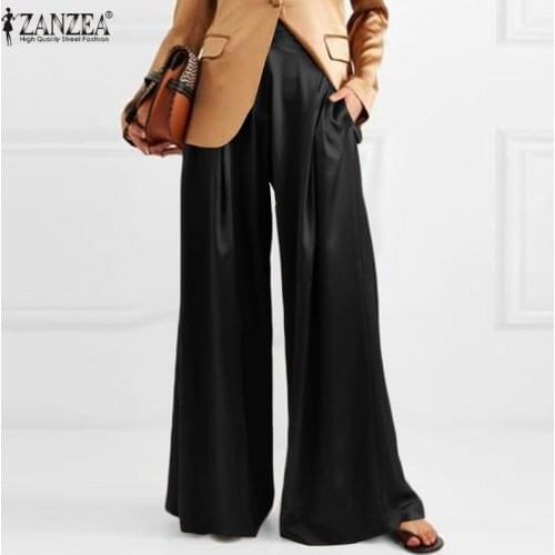 Summer High Waist Solid Long Trousers 2021 ZANZEA Elegant Women Stain Wide Leg Pants Casual Loose OL Work Palazzo Black Pants