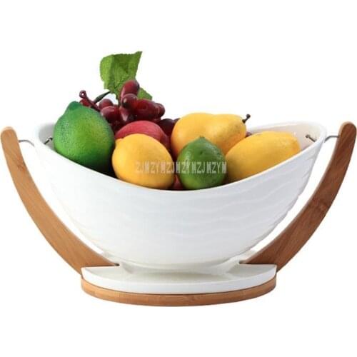 Multi-functional Ceramic Fruit Drain Basket With Bamboo Tray Vegetable Basket Portable Home Kitchen Fruit Storage Basket M/L