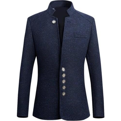 2020 Mens Vintage Blazer Coats Chinese Style Business Dress Blazers Casual Stand Collar Jackets Male Slim-Fit Suit Jacket