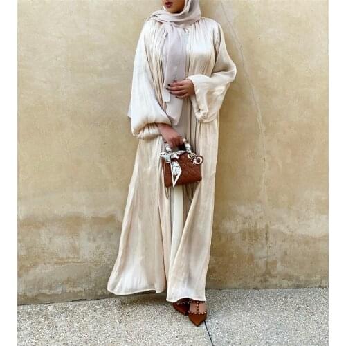 New Eid Djellaba Abaya Dubai Shiny Soft Puff Sleeves Muslim Dress Satin Abaya Dubai Turkey Muslim Dress Islam Abayas With Belt