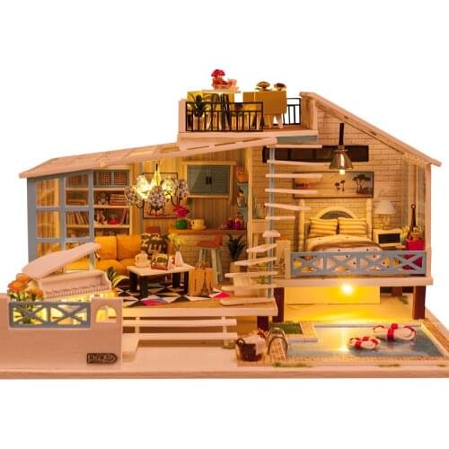 New DIY Wooden Dollhouse Miniature Furniture With LED Light Kit Crete Holiday Villa Doll Houses Assemble Toy Birthday Gift Casa