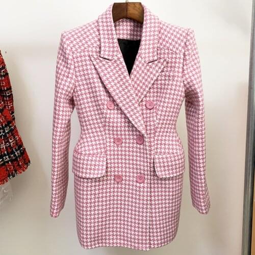 Pink Plaid Woolen Coat Autumn Winter New Women Jackets Suit Collar Houndstooth Long Coats Warm Thick Tweed Blazer Female 2020