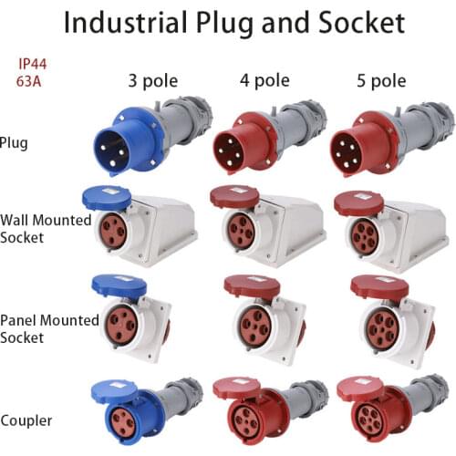 Industrial Plug and Socket 63A 3 pole 4 pole 5 pole ip44 Wall Mounted Socket Panel Mounted Coupler Waterproof 220V 380V 415V