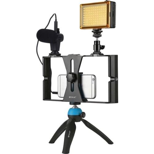 PULUZ 4 in 1 Live Broadcast Smartphone Video Rig + LEDs Studio Light+Video Microphone+Tripod Mount Kits+Cold Shoe Tripod Head