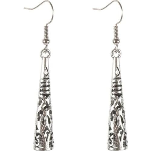 CRLEY Antique Silver Vintage Hollow Cone Drop Earrings for Women Totems Ethnic Style Earrings Women Retro Engagement Jewelry