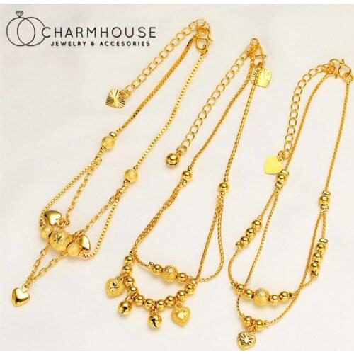 Yellow Gold GP Charm Bracelets For Women Multi Layer Bead Chain Bracelet Anklet Pulseira Femme Trendy Jewelry Accessories Gifts