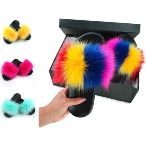Women Shoes Women Fox Fur Faux Fur Slippers Multiple Colors Slippers Summer Color Matching Fur Slippers Herringbone Slippers